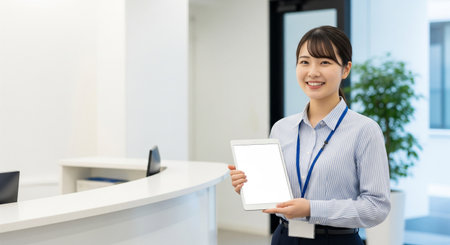 A young Japanese employee holds a blank tablet near office receptionâclean and ideal for recruiting and company pages.の素材