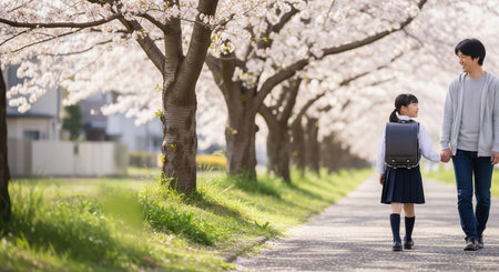 A Japanese parent and new student walk under cherry blossoms in morning light. Plain items ensure versatile spring new-life visuals.の素材