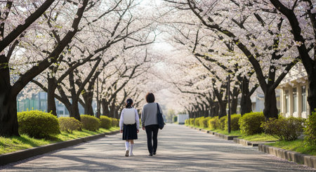 A Japanese parent and new student walk under cherry blossoms in morning light. Plain items ensure versatile spring new-life visuals.の素材