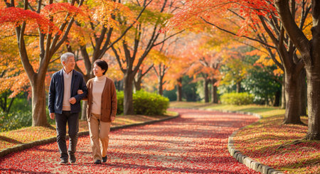 A Japanese senior couple strolls a tree-lined path in autumn foliage, expressing a healthy, reassuring lifestyle.の素材