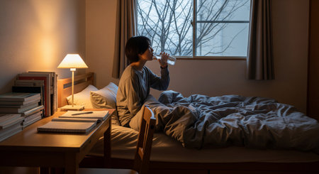 In a winter bedroom, a student prepares for sleep with a humidifier, thermoâhygrometer, and hydration. A clean, practical healthâcare scene.の素材