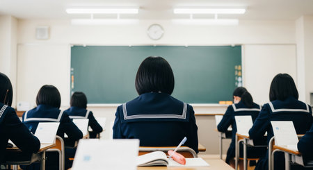 A typical cramâschool classroom with a Japanese high schooler taking notes from the back. Blank board and handouts keep it generic for educational use.の素材