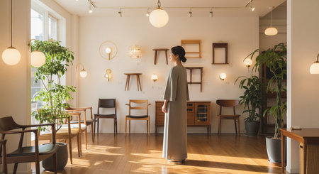 A refined Japanese woman quietly views furniture and lighting in a minimal interior shop. Calm tones suit lifestyle and retail visuals.の素材