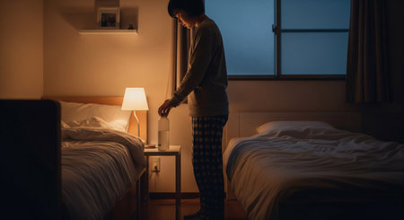 In a winter bedroom, a student prepares for sleep with a humidifier, thermoâhygrometer, and hydration. A clean, practical healthâcare scene.の素材