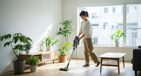 A Japanese woman in her twenties vacuums a wood floor with a cordless vacuum in a clean, bright living room with white walls.の素材