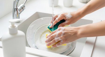 A clean dishwashing scene with plain tableware and a bottle, natural foam, and a white-toned sink.の素材