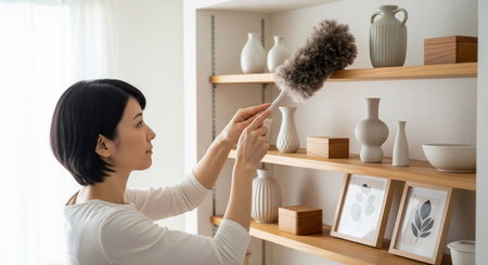 A Japanese woman gently dusts an open shelf using a feather duster; neutral props keep the scene versatile.の素材