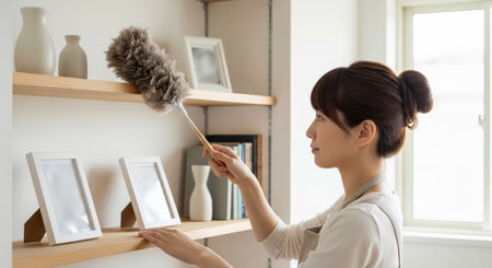 A Japanese woman gently dusts an open shelf using a feather duster; neutral props keep the scene versatile.の素材