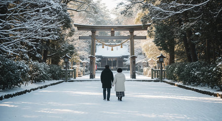 A Japanese couple walks toward a shrine on a winter morning, shown from behind. Non-famous framing and calm tones convey New Year vibes.の素材