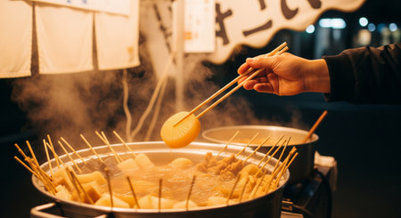 A winter night street-food scene of a hand picking an oden skewer at a plain-curtain stallâversatile seasonal food visual.の素材