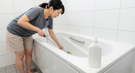 In a white-tiled bathroom, a woman scrubs the bathtub using a long brush and a plain cleaner; clean and practical.の素材