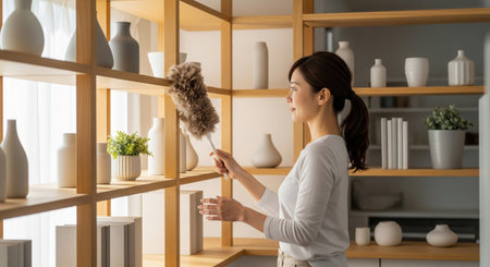A Japanese woman gently dusts an open shelf using a feather duster; neutral props keep the scene versatile.の素材
