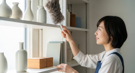 A Japanese woman gently dusts an open shelf using a feather duster; neutral props keep the scene versatile.の素材