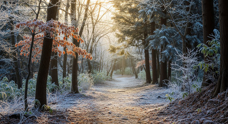 A quiet Japanese woodland path covered in morning frost; low sun makes crystals sparkle, a delicate winter landscape.の素材