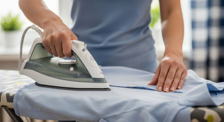 A clean ironing scene with a plain iron and a shirt on the board; gentle steam suggests careful finishing.の素材