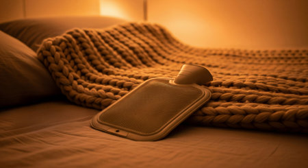 A plain hot-water bottle, blanket, and thermo-hygrometer arranged on a bed, suggesting energy-saving winter living.の素材