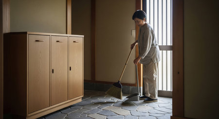 A homemaker sweeps the genkan floor using a broom and dustpan; clean entrance look with natural light.の素材