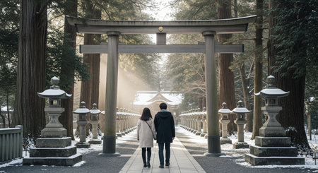 A Japanese couple walks toward a shrine on a winter morning, shown from behind. Non-famous framing and calm tones convey New Year vibes.の素材