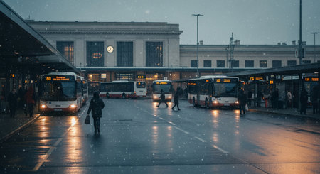 A wide documentary view of a snowy bus terminal in front of a station; tiny figures and reflections suggest winter mobility.の素材