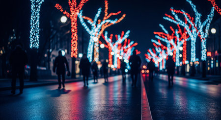 A telephoto-compressed view of illuminated street trees with reflective pavement and large bokeh, ideal as a seasonal background.の素材