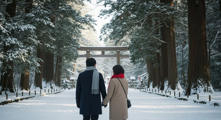 A Japanese couple walks toward a shrine on a winter morning, shown from behind. Non-famous framing and calm tones convey New Year vibes.の素材