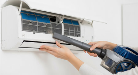 A maintenance scene showing a woman cleaning an AC filter with a vacuum in a white interior; suggests energy saving.の素材