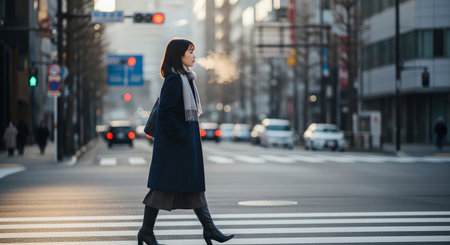 A stylish street snap of a Japanese woman commuting in winter coat and boots across a crosswalk, with a generic city backdrop.の素材