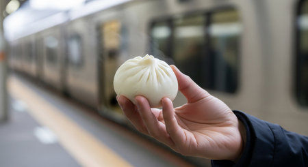 On a station platform, Japanese hands hold a steamed bun in plain wrapping; gentle steam and blurred train convey a small winter joy.の素材