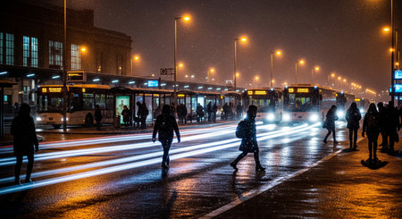 A wide documentary view of a snowy bus terminal in front of a station; tiny figures and reflections suggest winter mobility.の素材