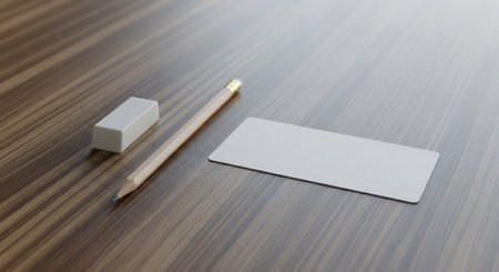 A minimal exam-season still life with plain stationery arranged neatly on a wood desk in winter morning light.の素材