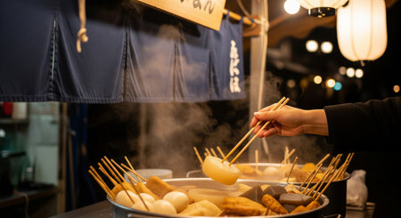 A winter night street-food scene of a hand picking an oden skewer at a plain-curtain stallâversatile seasonal food visual.の素材