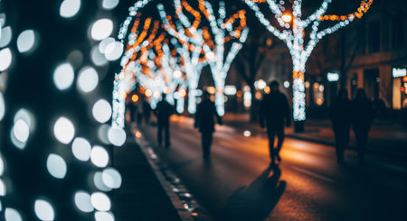 A telephoto-compressed view of illuminated street trees with reflective pavement and large bokeh, ideal as a seasonal background.の素材