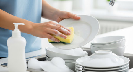 A clean dishwashing scene with plain tableware and a bottle, natural foam, and a white-toned sink.の素材