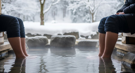 A modest composition of feet soaking in an outdoor foot bath against snowy scenery. Non-branded setting suits winter travel visuals.の素材