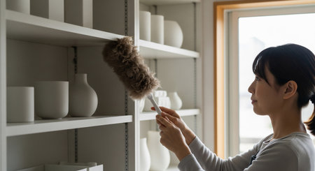 A Japanese woman gently dusts an open shelf using a feather duster; neutral props keep the scene versatile.の素材