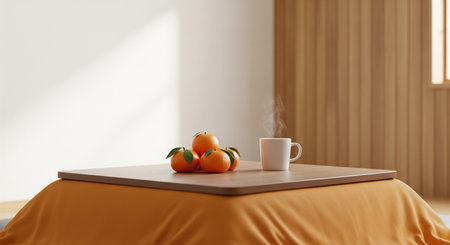 A minimalist winter living scene in Japan with a kotatsu, mandarins, and a steaming plain mug, expressing warmth.の素材