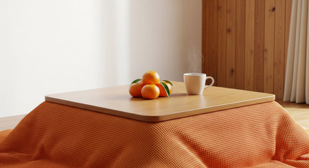 A minimalist winter living scene in Japan with a kotatsu, mandarins, and a steaming plain mug, expressing warmth.の素材