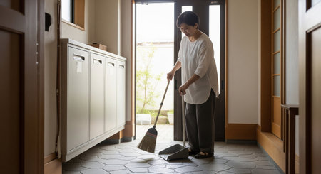 A homemaker sweeps the genkan floor using a broom and dustpan; clean entrance look with natural light.の素材