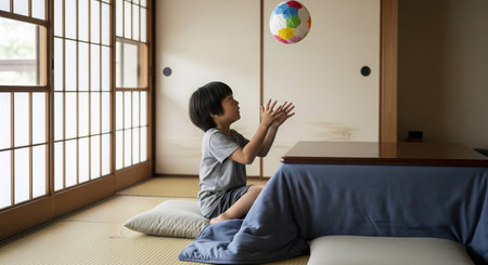 A child plays with a paper balloon in a tatami room with a kotatsu and cushions; gentle shoji light creates a warm winter feel.の素材