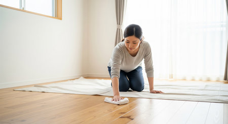 A Japanese woman cleans the floor in a modern living room using a simple, logo-free cleaning cloth. Minimalist home interior, natural daylight, tidy lifestyle and everyday housekeeping scene suitable for home care and lifestyle concepts.の素材