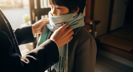 A Japanese parent wraps a plain scarf around a child before school in soft morning light, expressing warm winter preparation.の素材