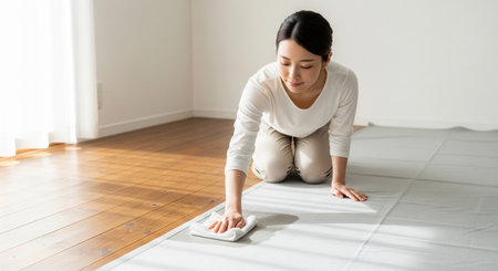 A Japanese woman cleans the floor in a modern living room using a simple, logo-free cleaning cloth. Minimalist home interior, natural daylight, tidy lifestyle and everyday housekeeping scene suitable for home care and lifestyle concepts.の素材