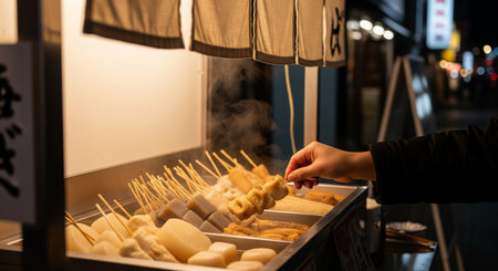 A winter night street-food scene of a hand picking an oden skewer at a plain-curtain stallâversatile seasonal food visual.の素材