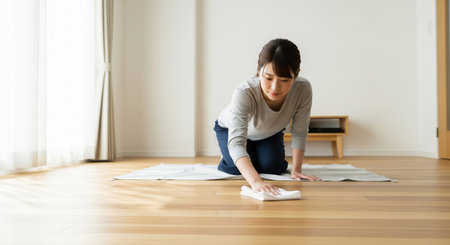 A Japanese woman cleans the floor in a modern living room using a simple, logo-free cleaning cloth. Minimalist home interior, natural daylight, tidy lifestyle and everyday housekeeping scene suitable for home care and lifestyle concepts.の素材