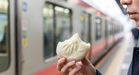 On a station platform, Japanese hands hold a steamed bun in plain wrapping; gentle steam and blurred train convey a small winter joy.の素材