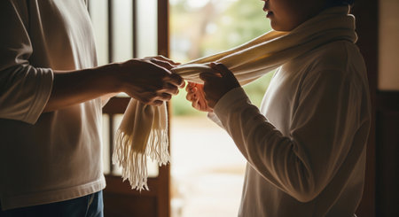 A Japanese parent wraps a plain scarf around a child before school in soft morning light, expressing warm winter preparation.の素材