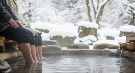 A modest composition of feet soaking in an outdoor foot bath against snowy scenery. Non-branded setting suits winter travel visuals.の素材