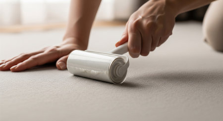 A Japanese homemaker rolls a lint cleaner over a rug to pick up dust; soft natural light and plain textures.の素材