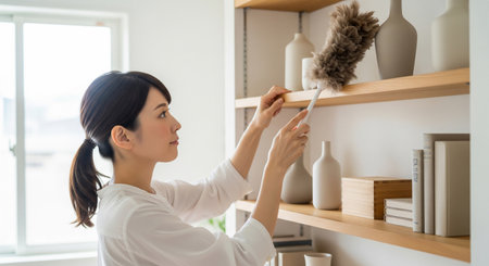 A Japanese woman gently dusts an open shelf using a feather duster; neutral props keep the scene versatile.の素材