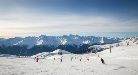 A clear wide view of a ski resort with mountain ranges and frosty trees, showing small skiers for a versatile winter resort scene.の素材